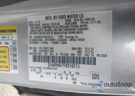 2015 Ford Fusion Se z USA, uszkodzony, nr VIN 3FA6P0H77FR210715